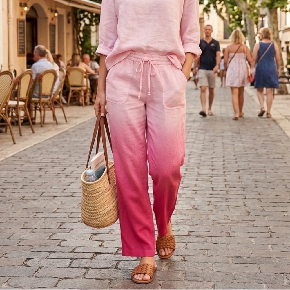 SO Linen Women's Trousers With elastic, Pink with color transition, Size M